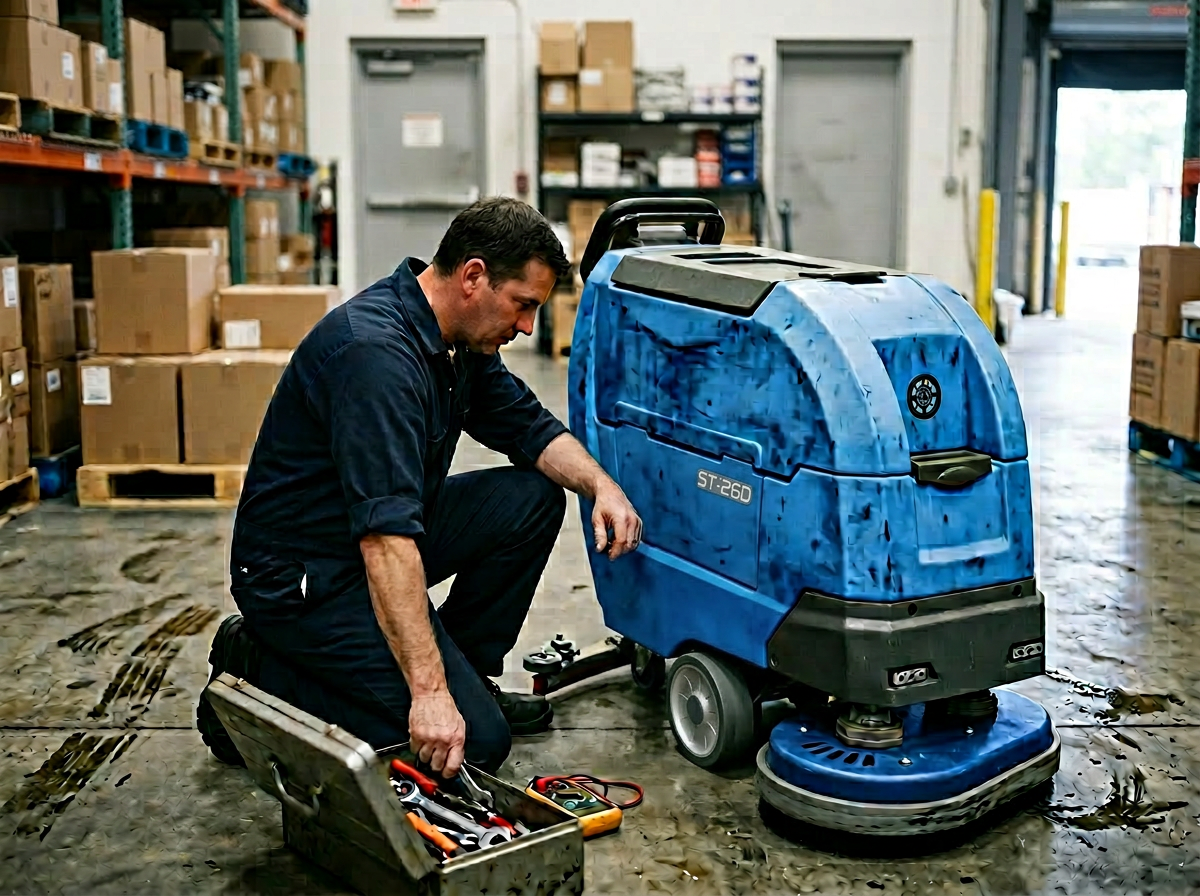3C technician repairing a floor scrubber on-site