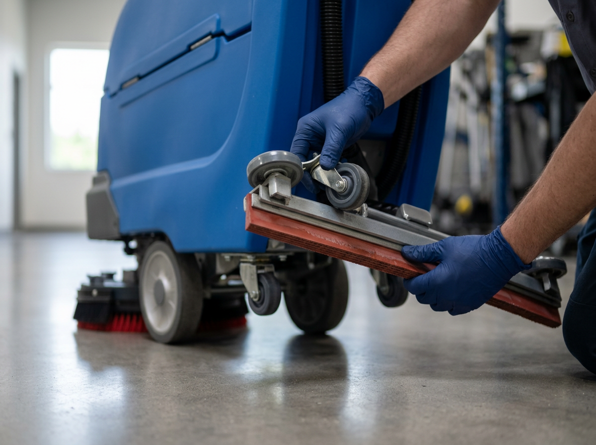 3C technician performing scheduled preventative maintenance on a floor scrubber